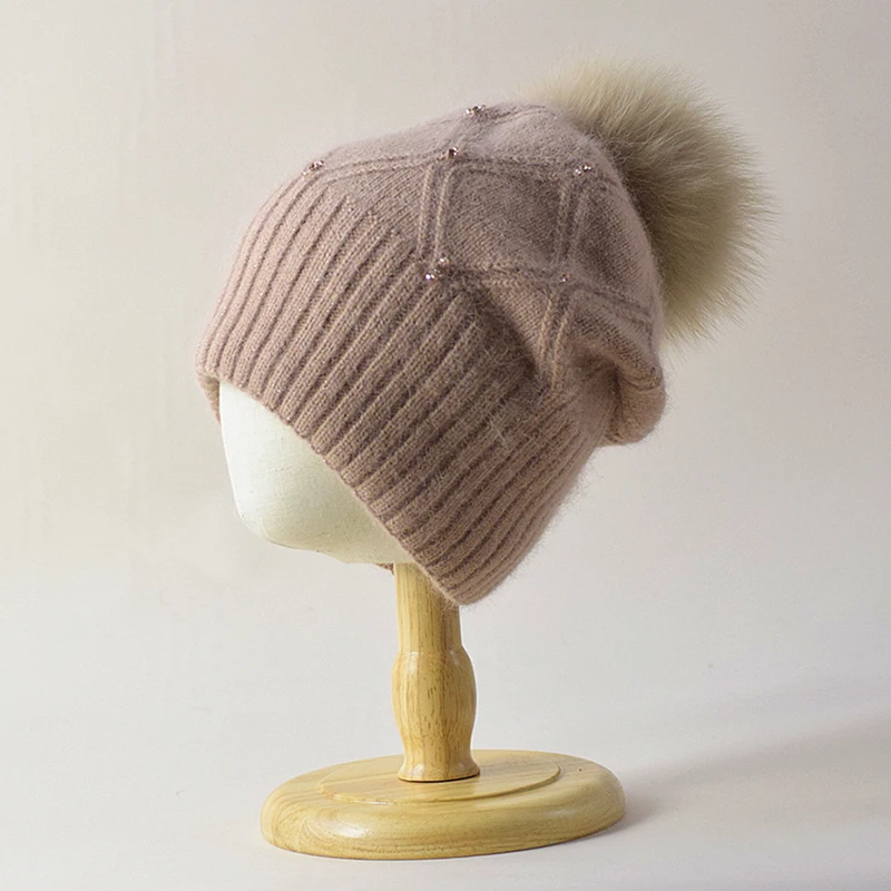 

Hat Women Winter Angora Knit Beanie Rhinestone Real Fox Fur Pompom Autumn Warm Skiing Accessory For Sports Outdoors