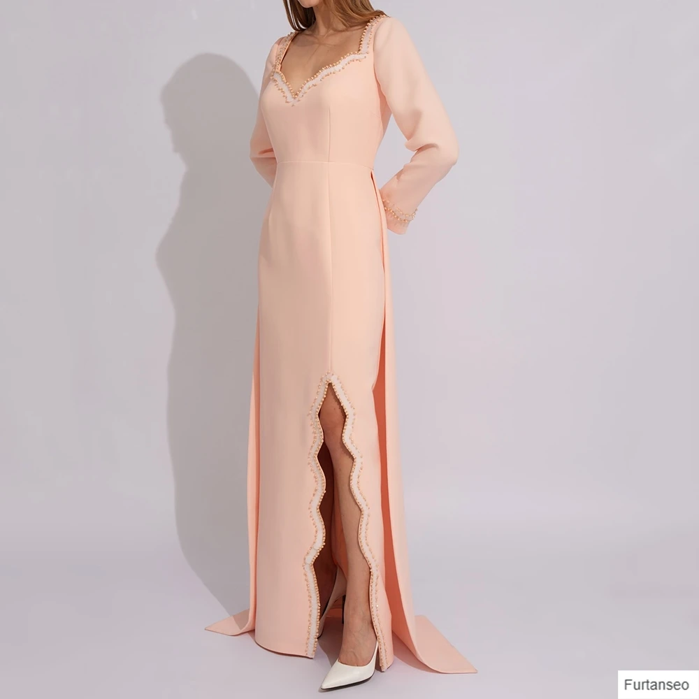 

Customized Straight Evening Dresses Floor-length V-neck Full Sleeve Prom Gown Fashion Beading Side-split Backless Party Gown