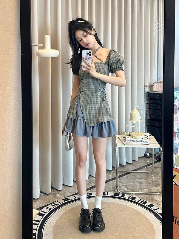 

2024 Summer New Slim Plaid Dress Female College Style
