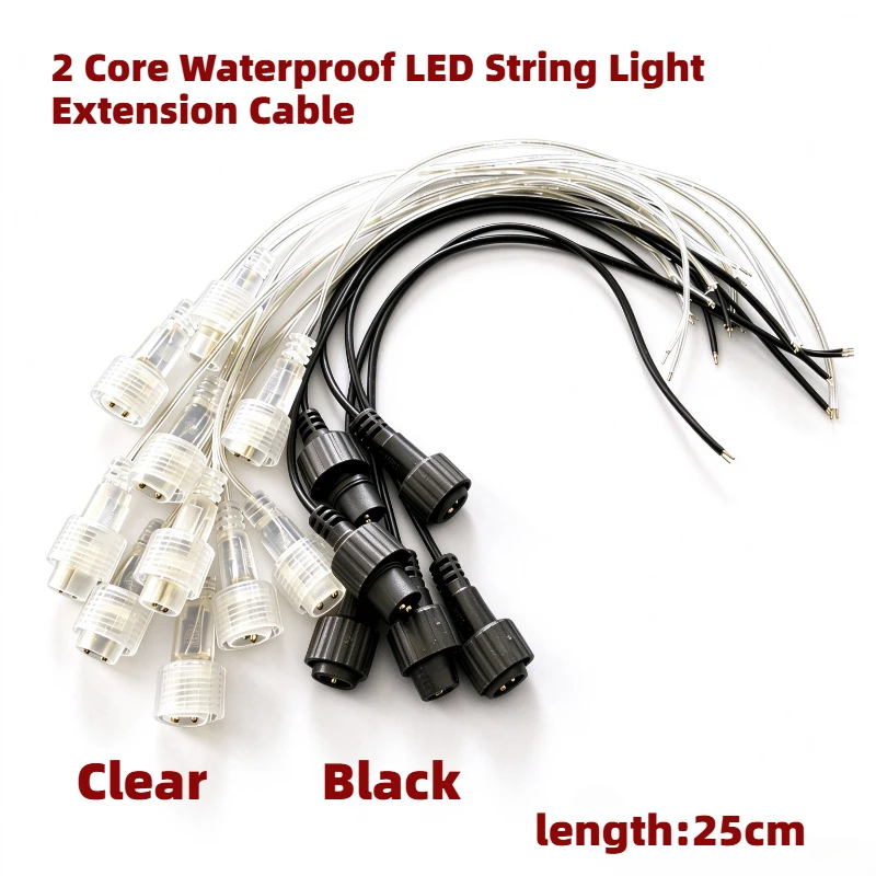 2 Pin Waterproof LED String Light Extension 1A Cable Clear & Black Color Male Connector Wire for Christmas Fairy Light Garden