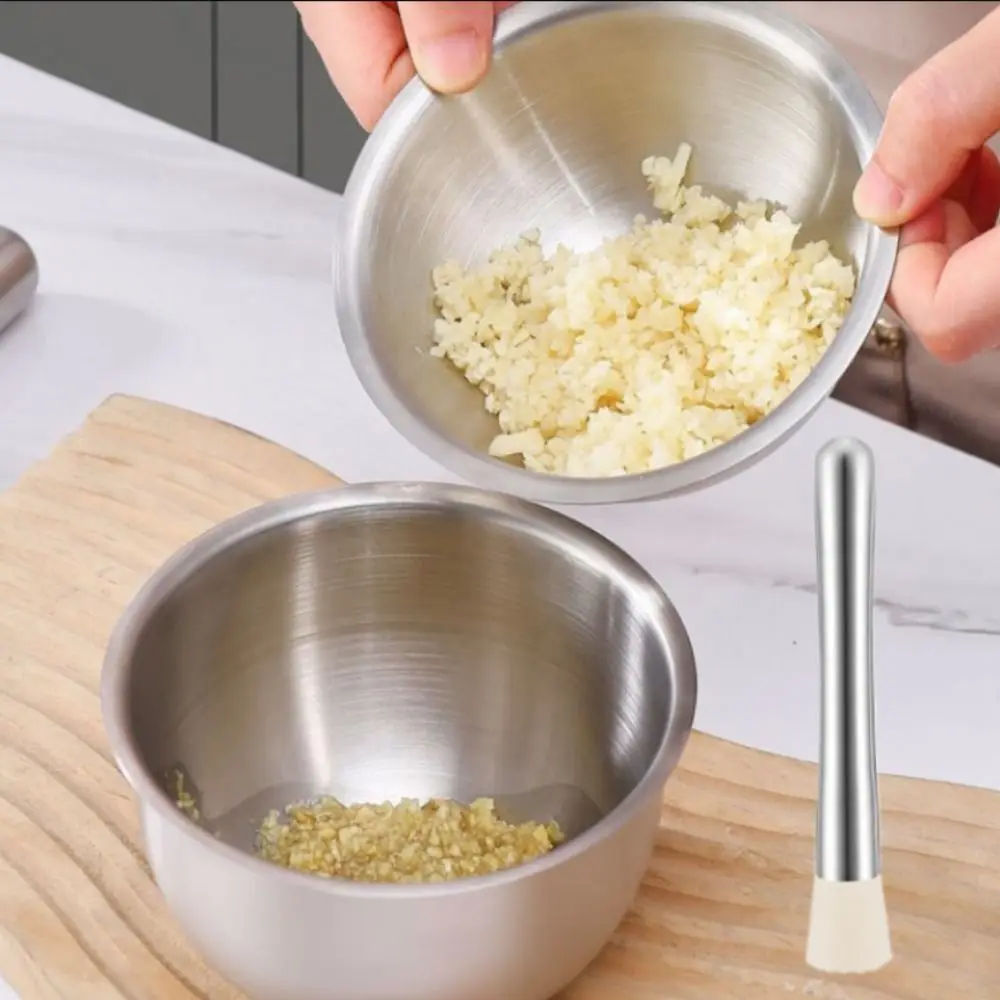 

304 Stainless Steel Garlic Masher Manual Large Capacity Garlic Mashing Pot Rustproof with Lid Mortar Grinding Bowl Spices
