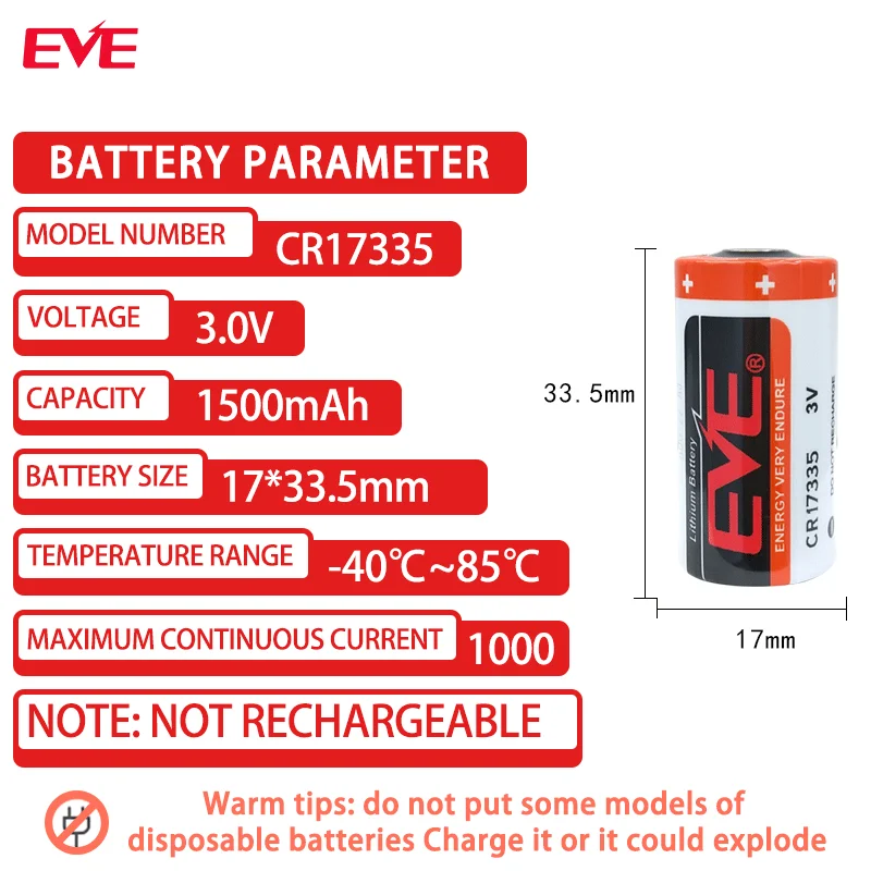 Original CR17335 3V primary lithium battery for fire and smoke alarm PLC industrial control CNC machine tool