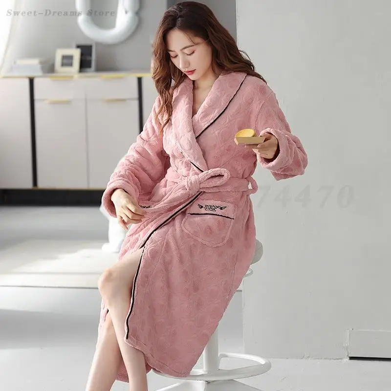 Winter Flannel Thicken Robe Women Long Sleeve Bathrobe Kimono Gown Sleepwear with Pocket Plus Size 4XL Home Clothing Loungewear