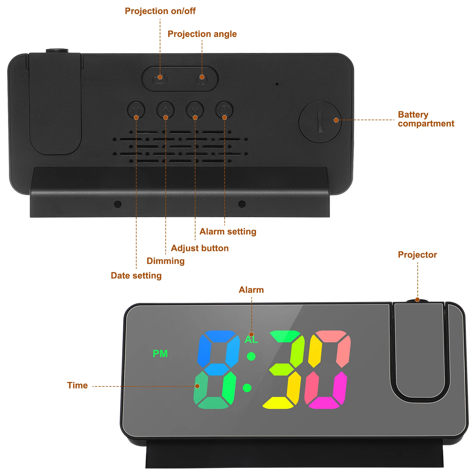

Проекционный будильник, электронный светодиодный цифровой дисплей для спальни, температура, пластик, яркий бесшумный механизм, дата в реальном времени