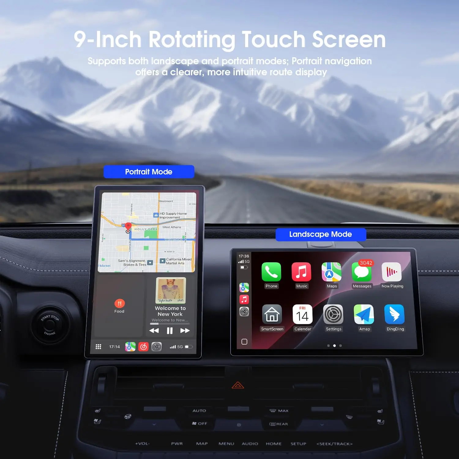 Schermo CarPlay da 9" per auto con CarPlay e Android Auto Ritratto e modalità paesaggio Touchscreen Telecamera di backup Navigazione GPS
