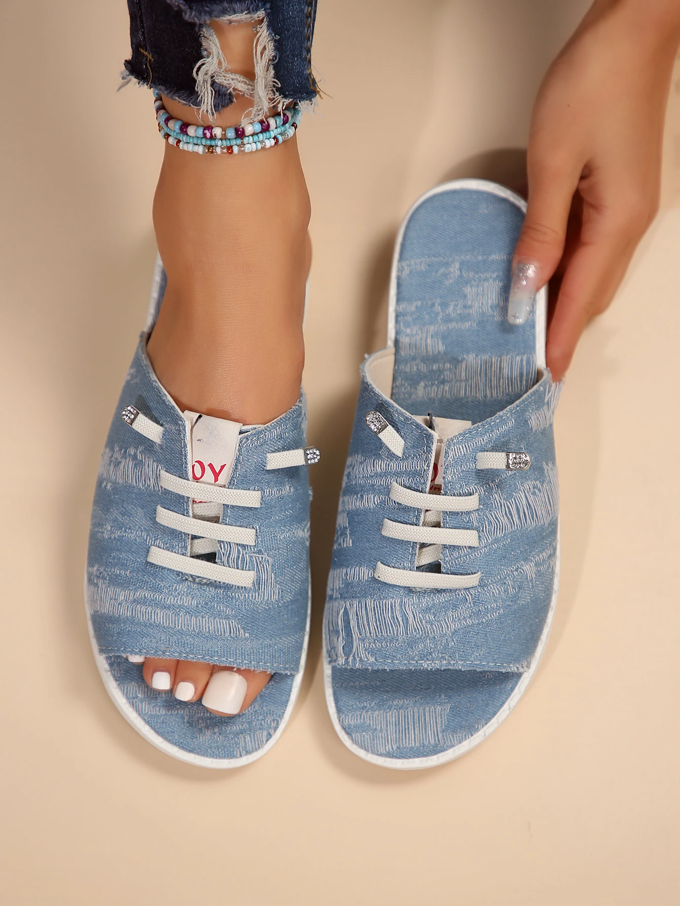 New Ladies Slippers Canvas  Lace-up  Open-toed New Flat-Bottom  Casual Women Fashion Denim Beach Shoes Sandalias Mujer