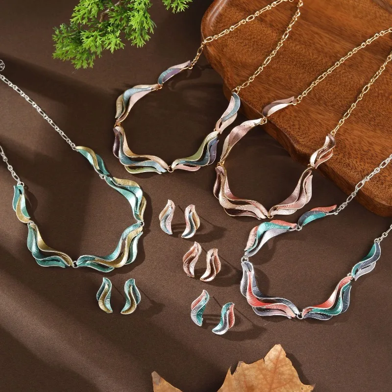 

Multicolor Enamel Wave Jewelry Set Gold Silver Tone Adjustable Necklace Drop Earrings Irregular Pattern Jewelry Gift