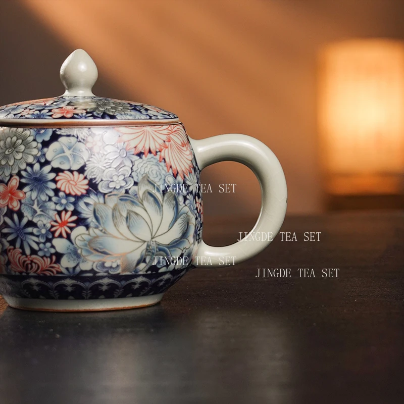Pinched Golden Peony Teapot Sky Blue Ru Kiln Opened Han Tile Pot Household Chinese Ceramic Teapot Enamel Kung Fu Tea Set view 4