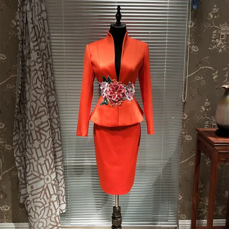 

luxury autumn suits for women handmade skirt suits high quality orange embroidery women's set formal blazers suits customized