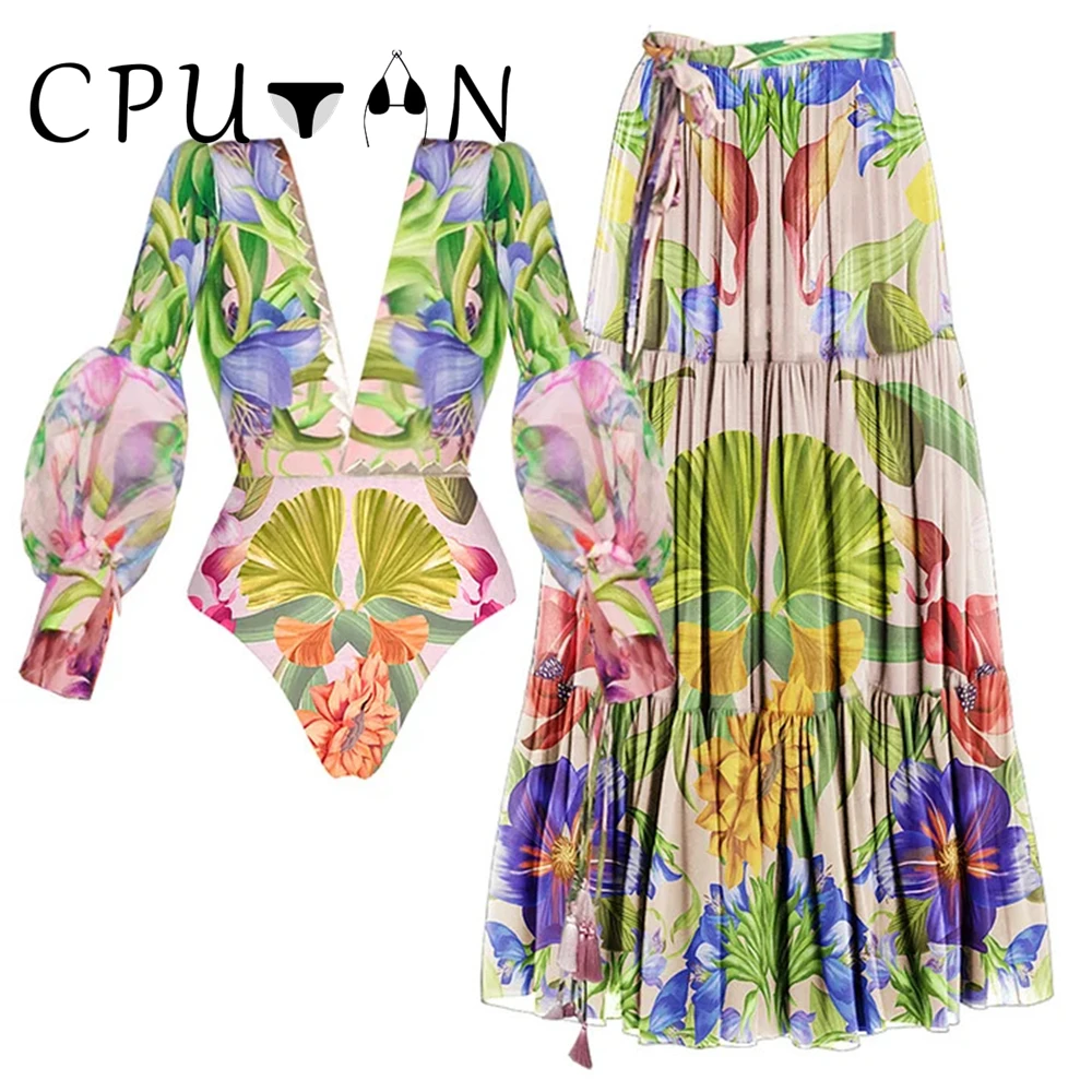 CPUTAN 2024 Sexy Bikinis Women Swimwear V-neck Long Sleeve Flowers Printed One Piece Swimsuit and Skirt Beachwear Bathing Suit