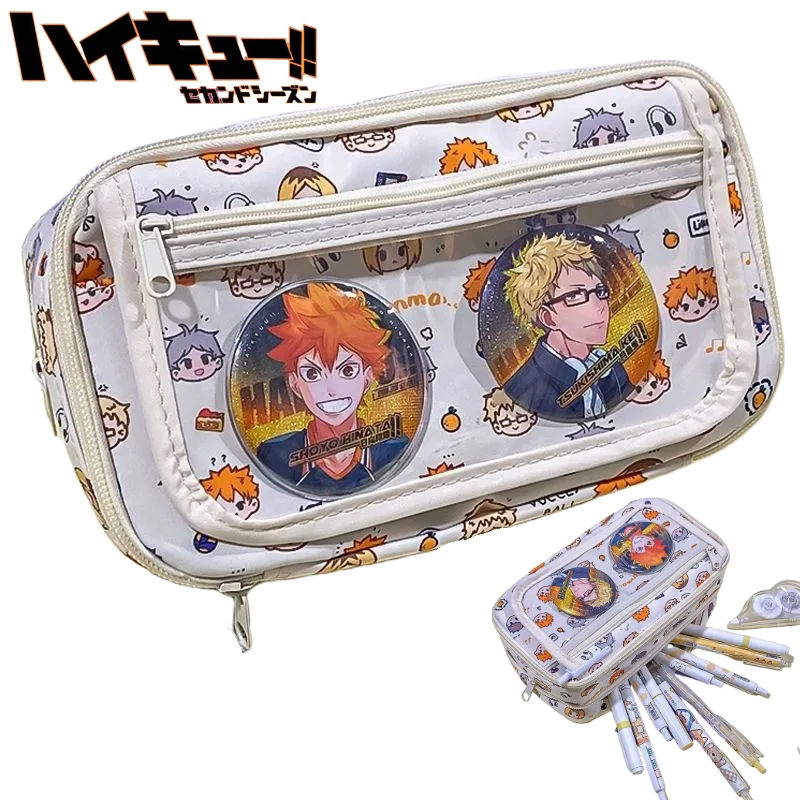 Bandai Haikyuu!! Translucent Pain Pouch Female Double Zipper Pencil Case Student Stationery Storage Pouch Multi-layer Unisex