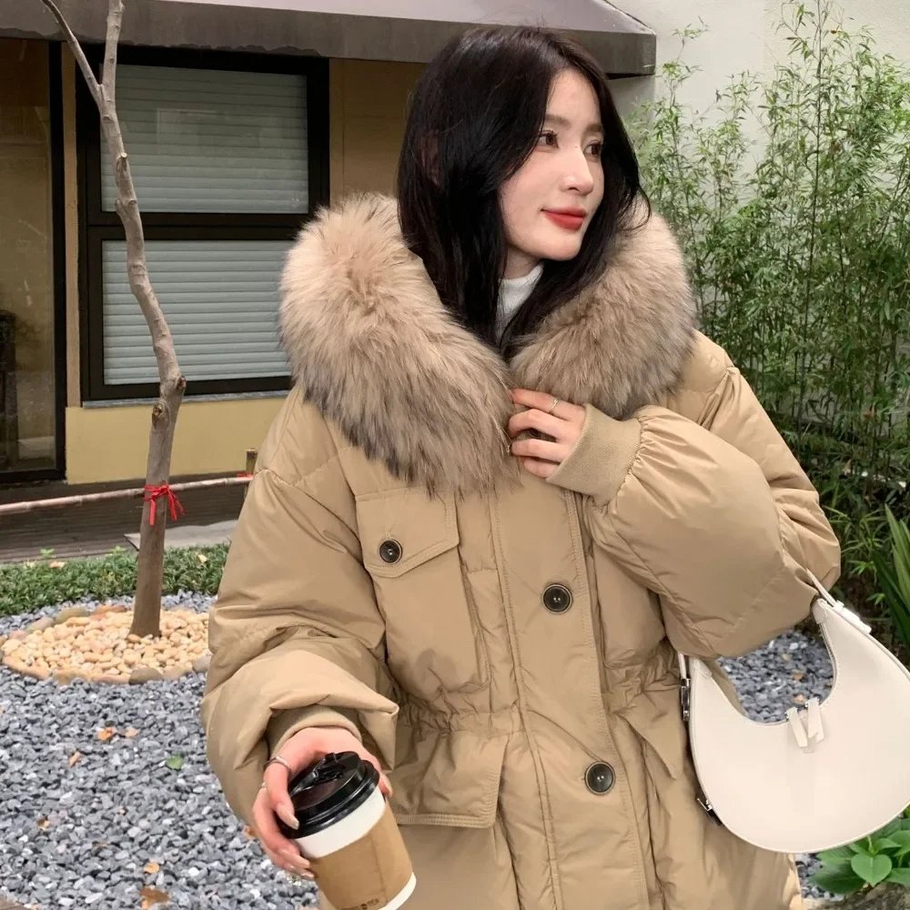 Fur Jacket Female Feather Waterproof Winter Long Puffer Jacket 2024 Fashion Real Raccoon Fur Hooded White Duck Down Jacket Women