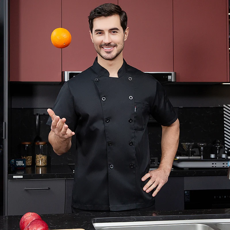 Chaqueta de Chef negra de manga corta, uniforme de chef, abrigo de cocinero, camiseta de Chef, uniforme de trabajo de panadero, camarero, restaurante, ropa de Hotel, logotipo de mujer