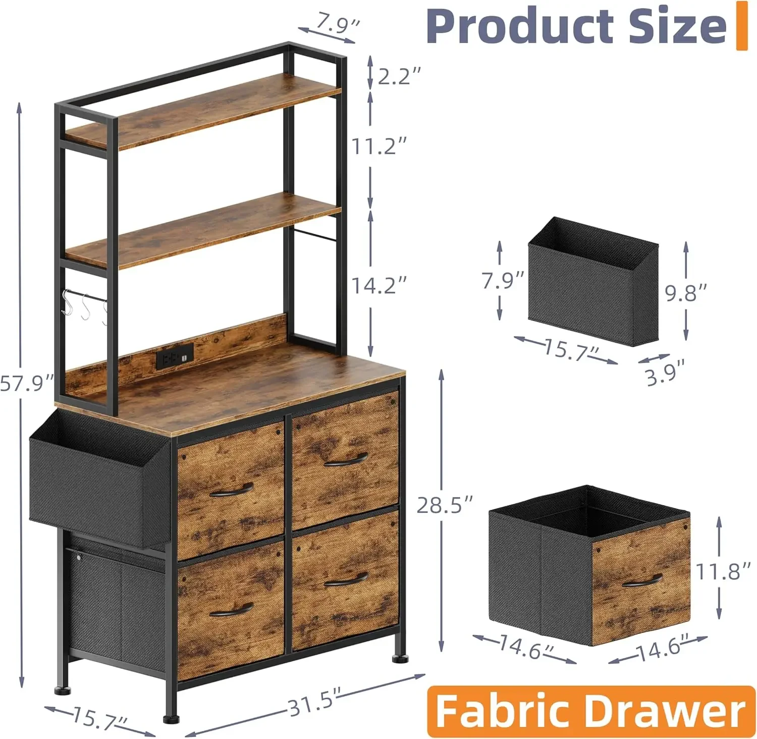 with Charging Station and 4 Fabric Drawer, 3-Tier Tall Filing Cabinet with Bookshelf, Large Vertical File Cabinet 5