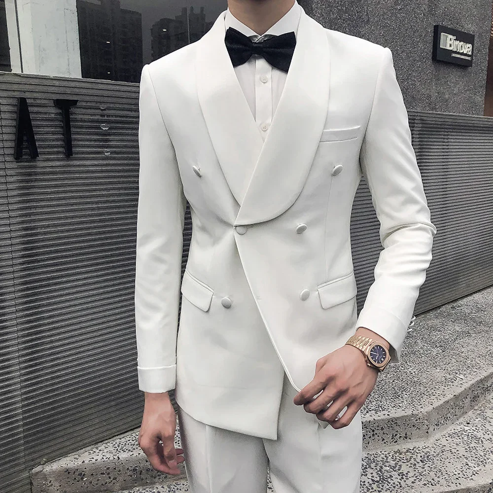 

Fashion White Male Suit Chic Shawl Lapel Double Breasted Blazer Set Party Prom Formal Groom Wedding Tuxedo Slim Fit 2 Piece 2023