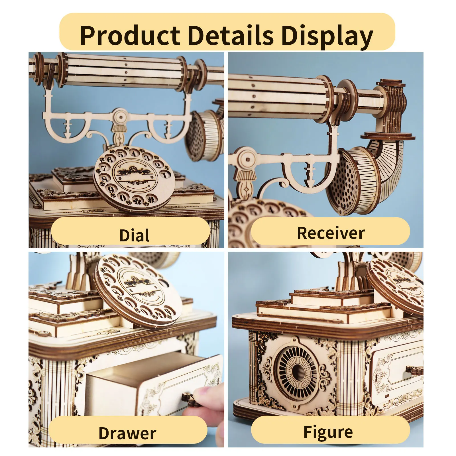 Quebra-Cabeça Criativo Retro em Madeira 3D Modelo de Telefone para Adultos - Decoração de Mesa e Presente Único para Natal ou Aniversário