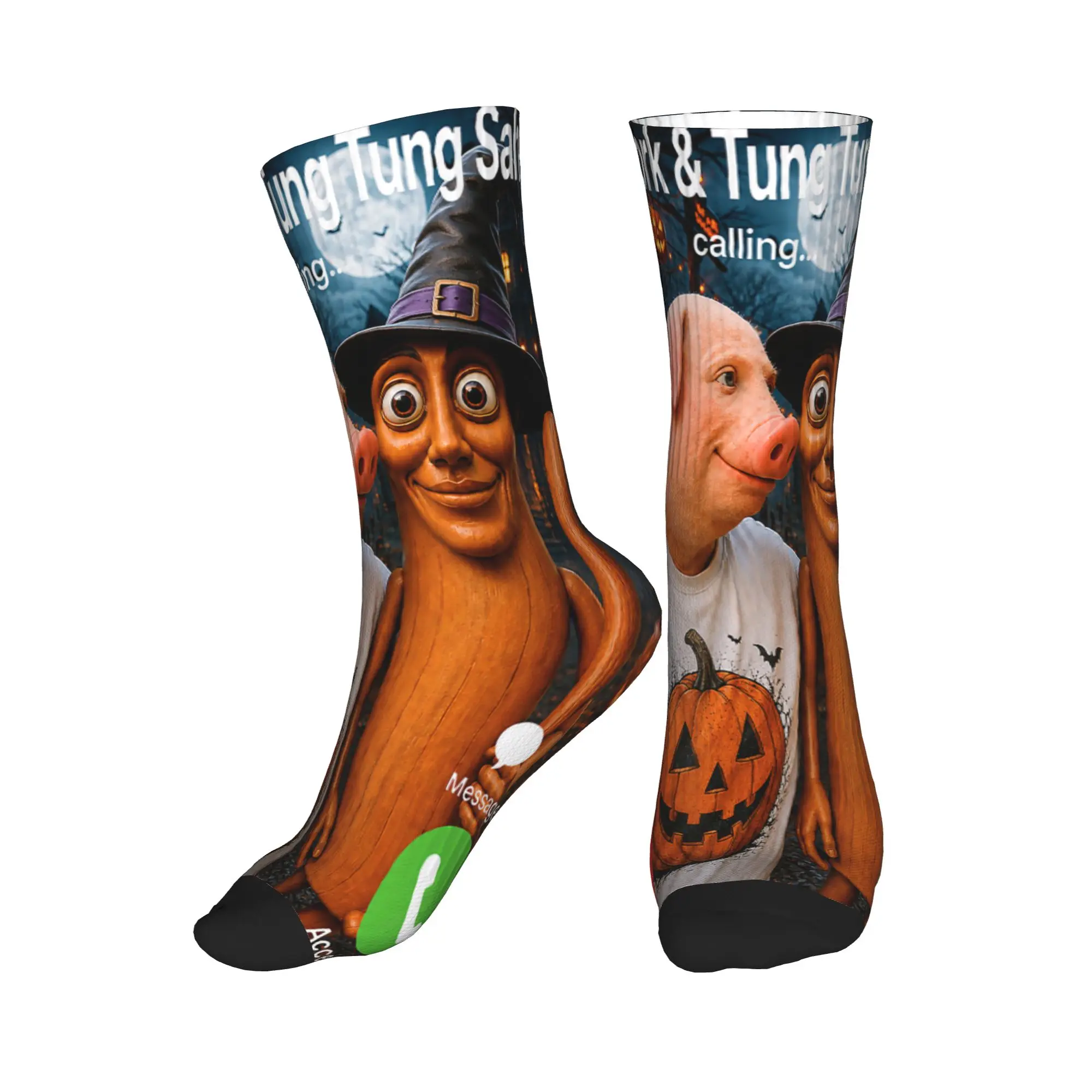 John Pork Tung Tung Sahur Calling Funny Halloween Brainrot Stockings  Elegant Socks Men Soft Socks Autumn Graphic Anti Socks