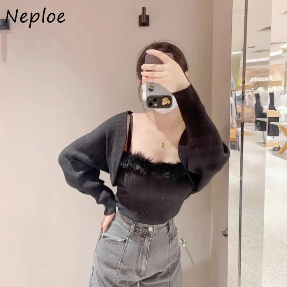 Neploe Solid Long Sleeve Sling Sets Jumper+square Collar Sweet Fresh Casual Sweaters Japanese Knit Fashion Suit Pull Femme