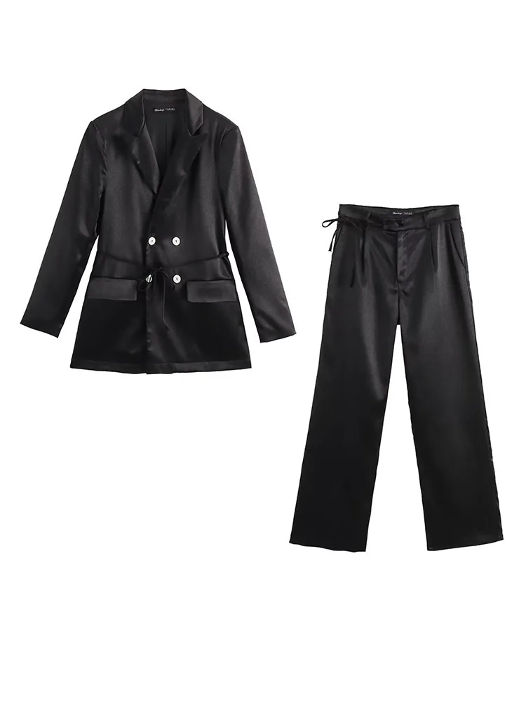 HH TRAF Female 2 Piece Suit Fashion Black Double Lapel Vertical Blazer+Elegant Pocket Bow Lace-up Satin Texture Long Pants Mujer