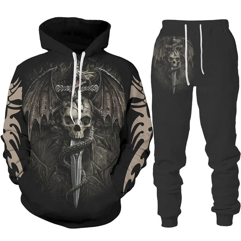 Hoodie Set Retro Dragon Tattoo 3D Print Men Tracksuit Casual Oversized Loose Pullover suit pants streetwear Fashion Man Clothing