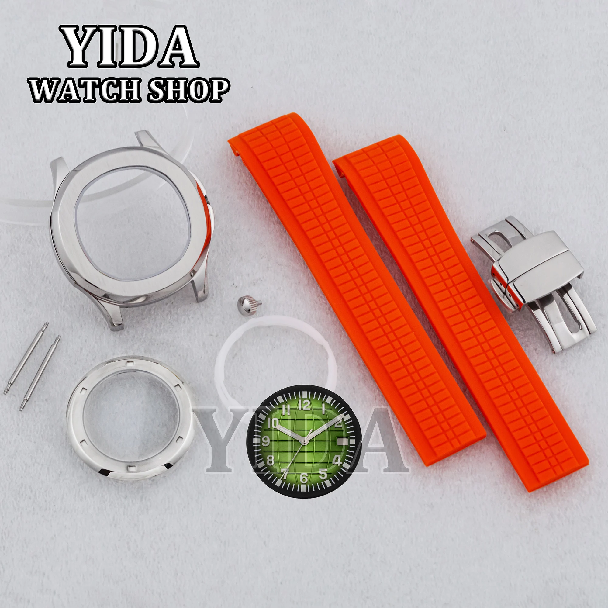 Silver 42MM Watch Case Sapphire Crystal Rubber Strap Luminous Watch Dial Hands Original Buckle for AQUANAUT NH35 NH36 Movement