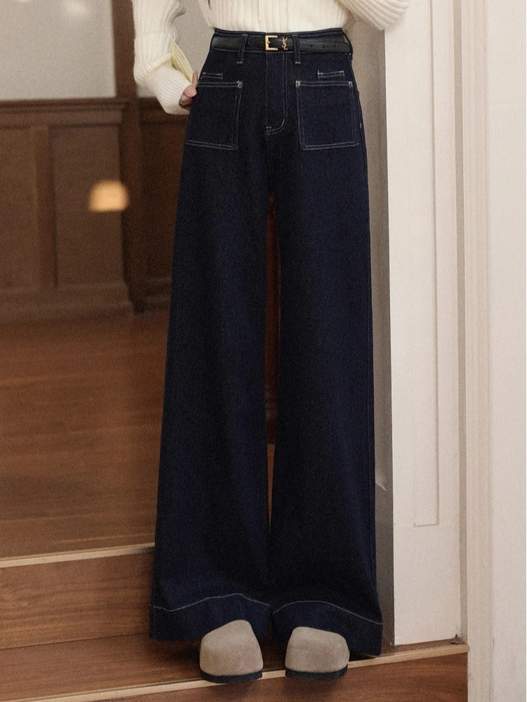 

ALXNAN Women's Jeans 2025 Dark Blue Loose Fit High-Waisted Straight-Leg Trousers Color-blocking Versatile Commuter Jeans L57697