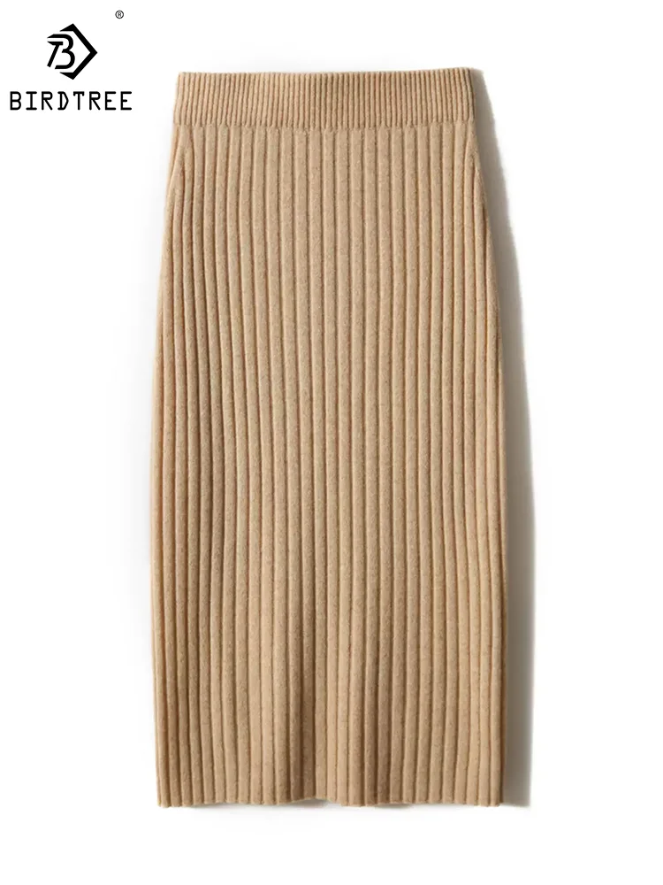 

Birdtree 100%Goat Cashmere Elegant Slim Skirt Solid Stripe Seamless Comfortable Soft All-match Skirts Autumn Winter B41475QM
