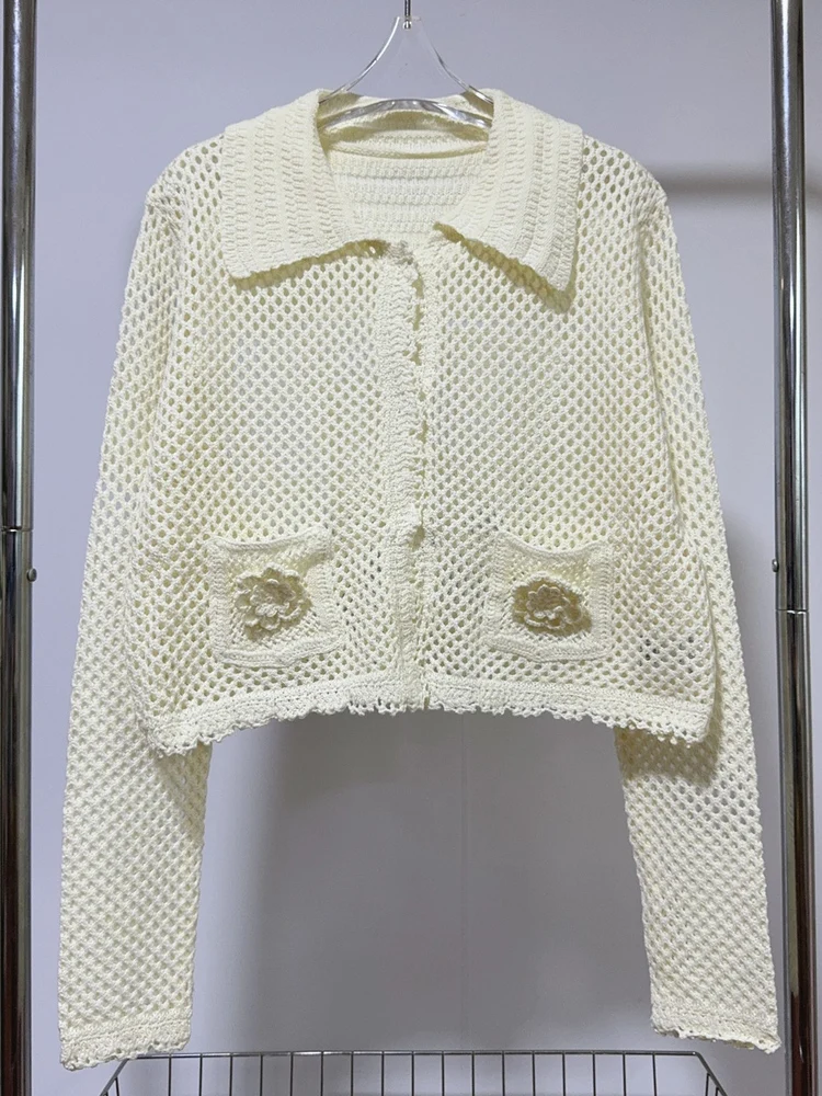 Ele European Sle Вязаный открытый кардиган с вырезом Легкий цветочный дизайн Мягкий сладкий длинный воротник све