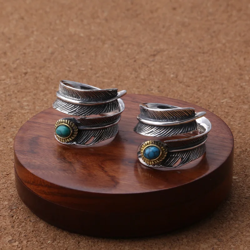 Wholesale S925 sterling silver ring Thai Silver fashion retro Eagle series men's and women's turquoise feather open ring
