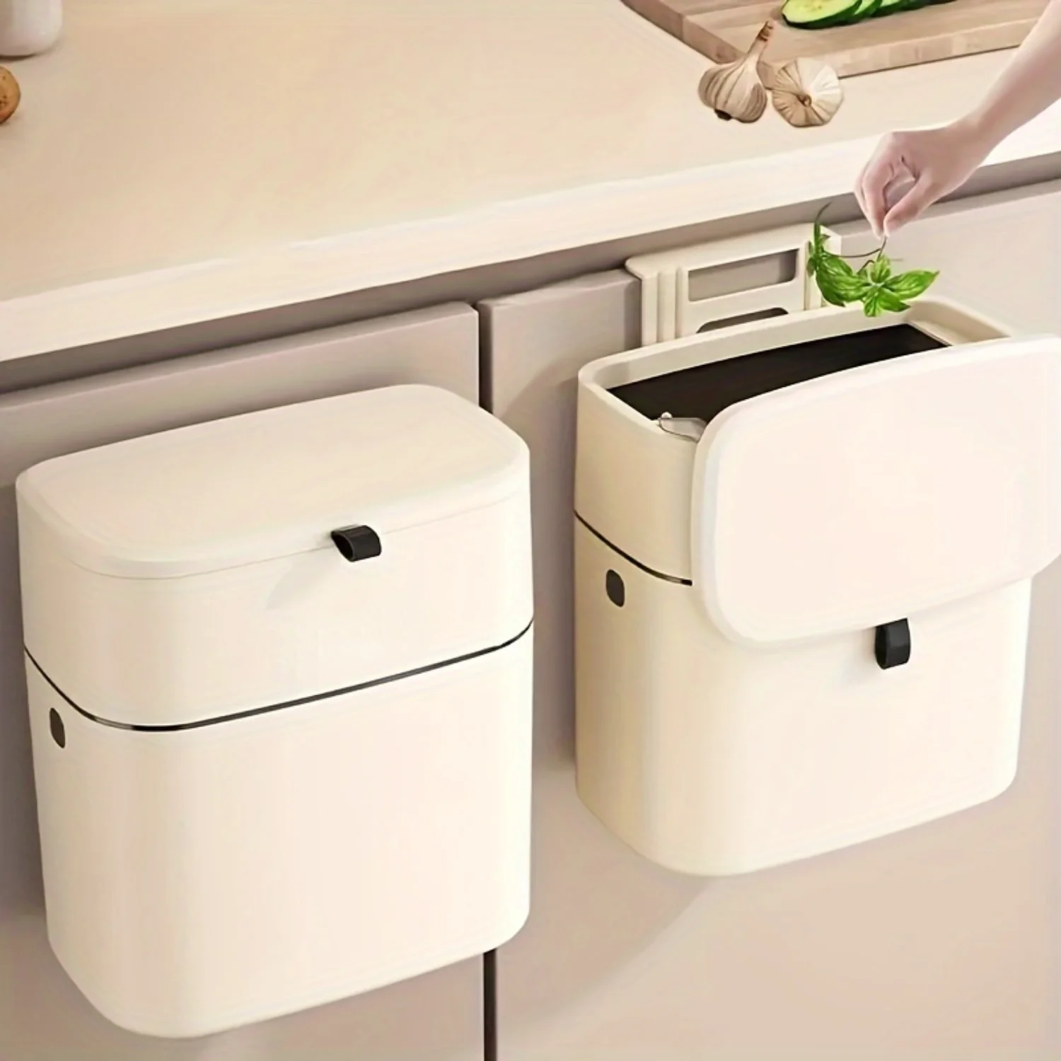 Wall Mounted Kitchen Cabinet Hanging Trash Can with Lid, Large Capacity for Bathroom Bedroom Office - Slim Design