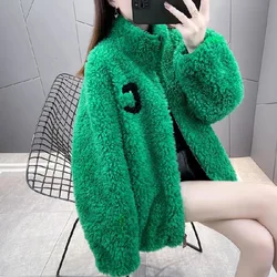 Embroidered Letter Double-sided Velvet Zipper Hoodie for Women's Warm Half High Collar Cardigan with Zipper Thick Fleece Jacket