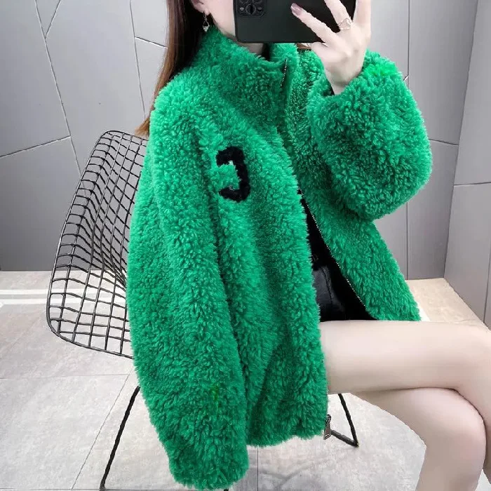 Embroidered Letter Double-sided Velvet Zipper Hoodie for Women's Warm Half High Collar Cardigan with Zipper Thick Fleece Jacket