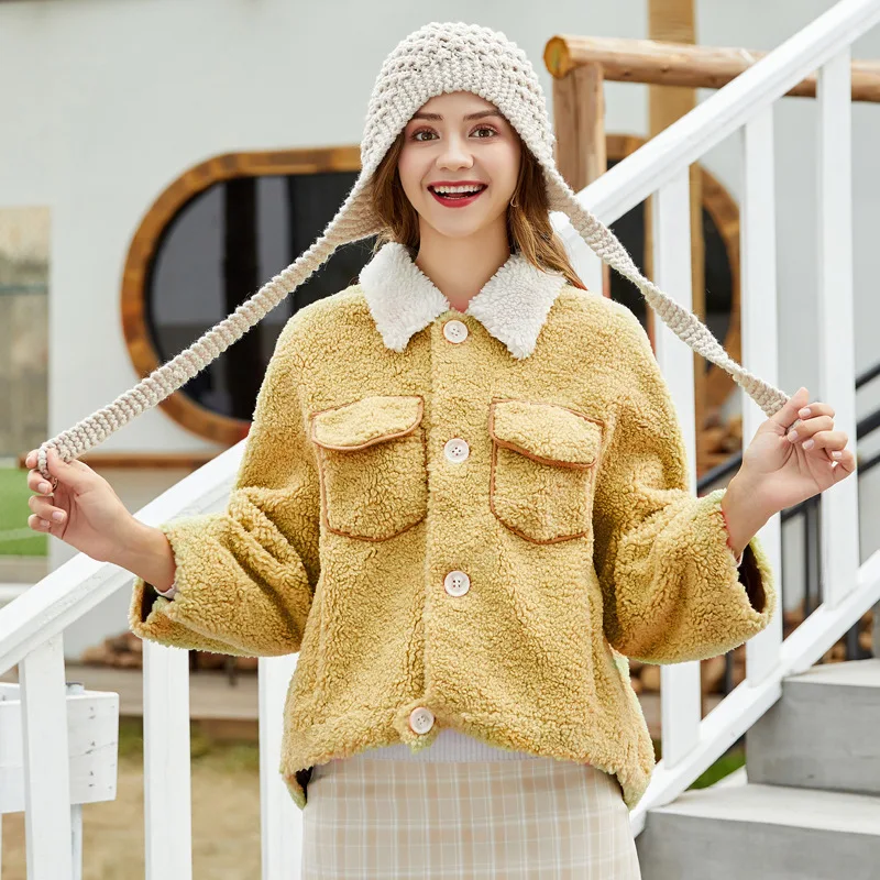 Mulheres Casaco de pelúcia com cordeiro, Pele de imitação, Granulado, Curto, Ovelha, Sheared, Boutique Fonte, Outono, Inverno