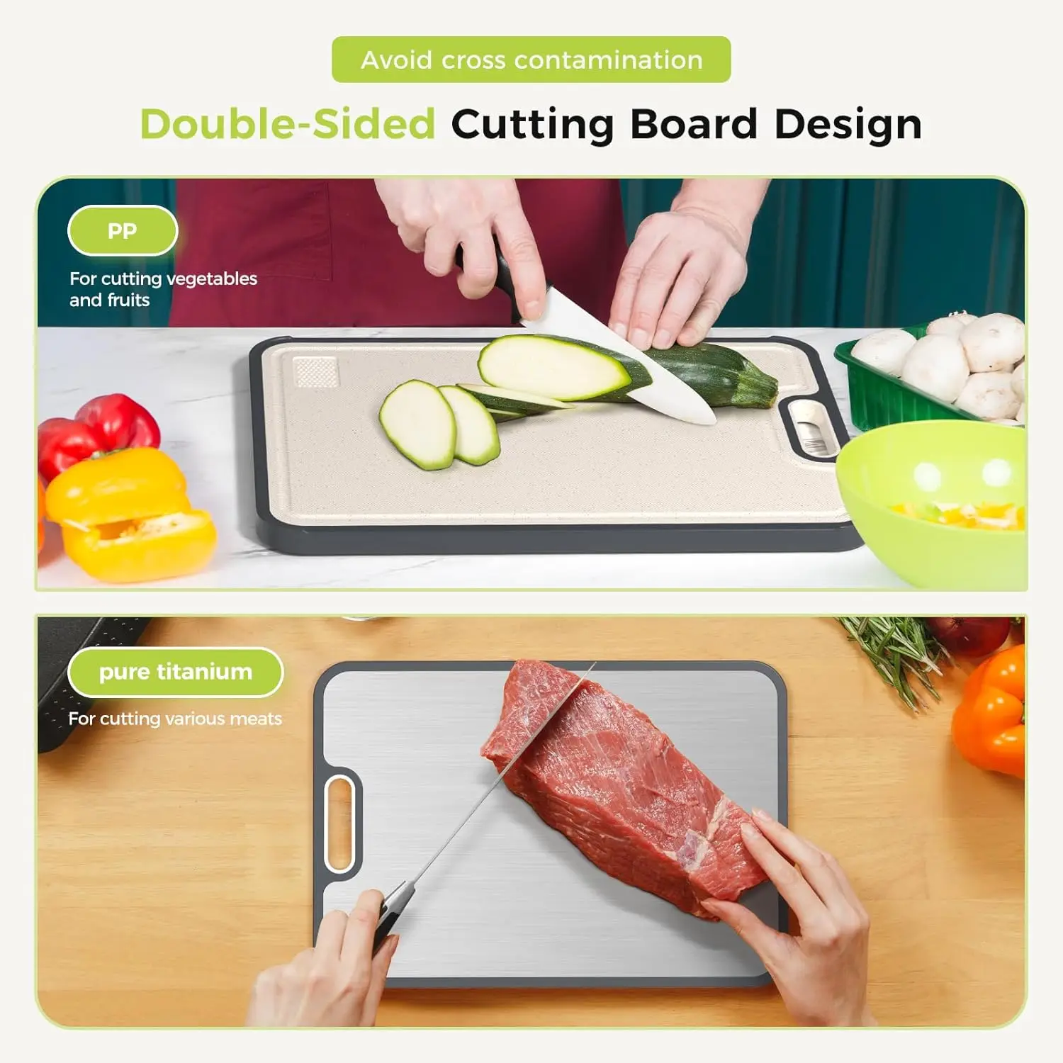 Double-Sided Titanium Kitchen Cutting Board with Juice Groove, Easy Clean Food Grade Material