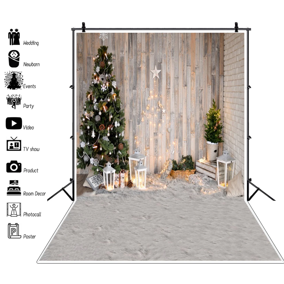 Christmas Backdrop Xmas Tree Fireplace Wood Floor Winter Window Santa Claus Gifts Family Party Kids Photography Background Decor