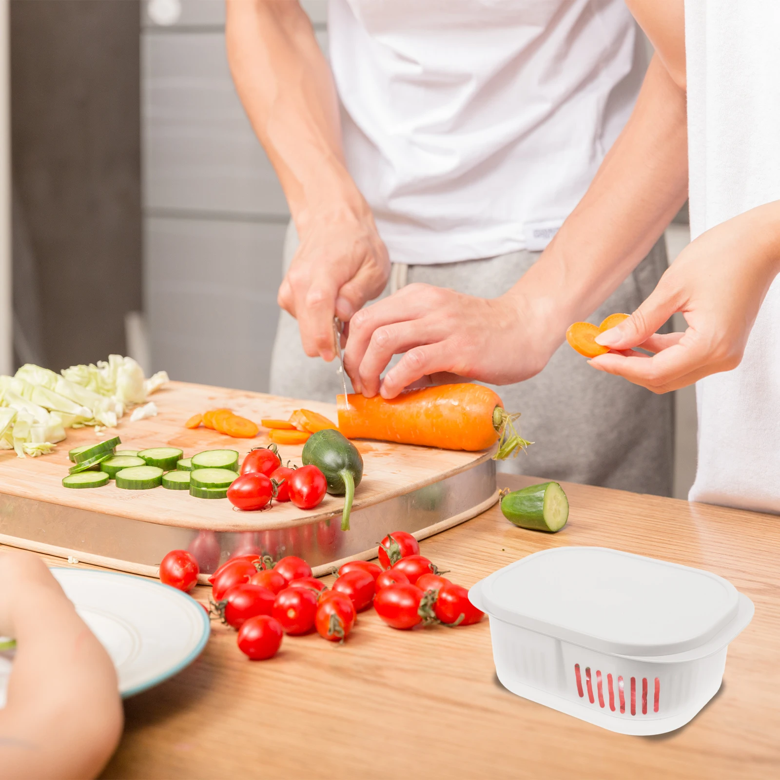 

1pc Fruit Vegetable Fresh Box Detachable Food Wash Drainer For Kitchen Drain Storage Vegetable Preservation Holder Oblong Food