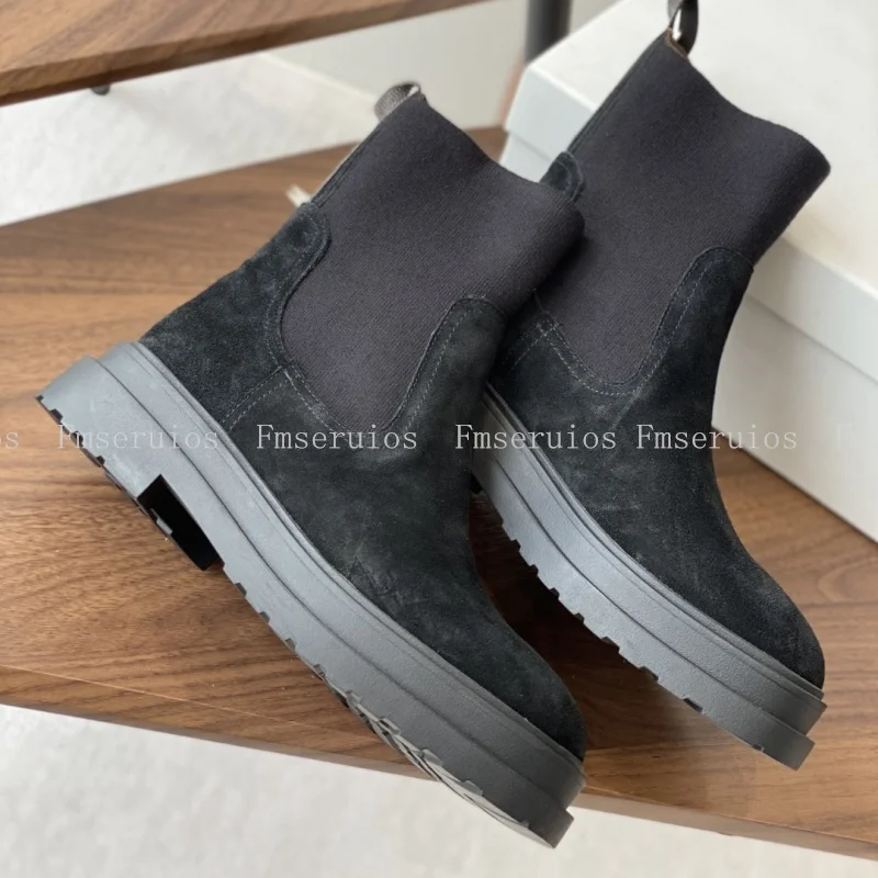 Mode Einfache Design Frauen Kurze Stiefel Runde Kappe Flache Sohle Echtes Leder Top Qualität Einfarbig Britischen Stil Chelsea Stiefel