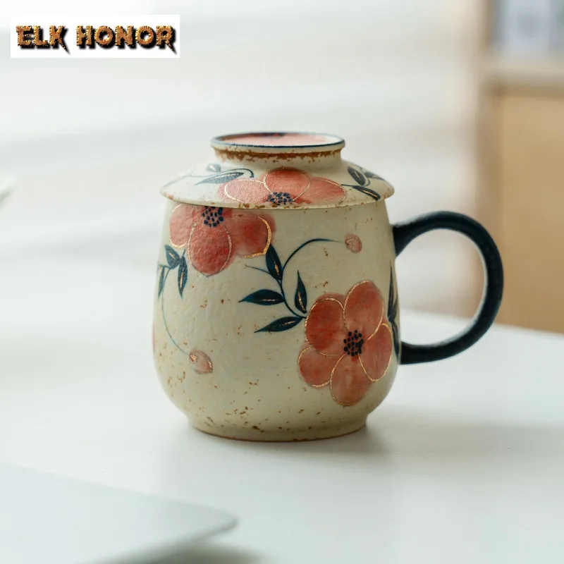 

260ml Hand-painted Peach Blossom With Lid Coffee Mug Antique Kitchen Cup Afternoon Tea Mug Household Office Water Cup Drinkware