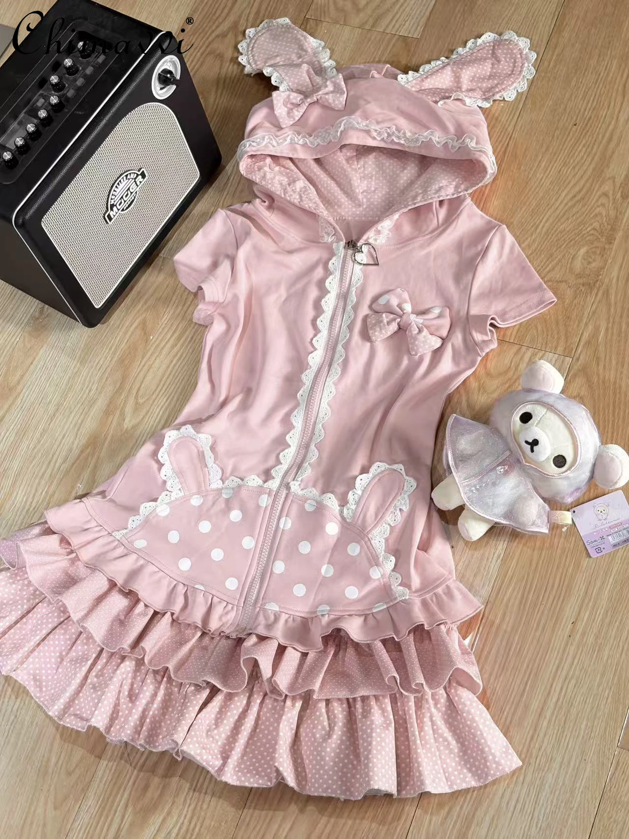

Original Cotton Short-sleeved Dress Set 2025 Summer New Sweet Girl Rabbit Ear T-shirt Jacket Cake Skirt Two-piece Kawaii Sets