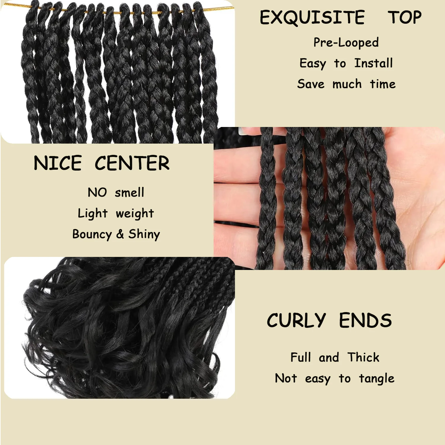Trenzas pequeñas W Curls, pelo rizado de ganchillo, trenzas en caja de diosa con extremo rizado, adecuado para cabello trenzado sintético fácil de usar para mujeres