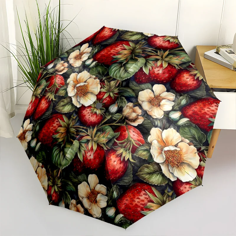 

1pc strawberry Garden Floral Print Umbrella - Home Essential Portable Folding Umbrella with Durable Iron Frame Suitable for Al