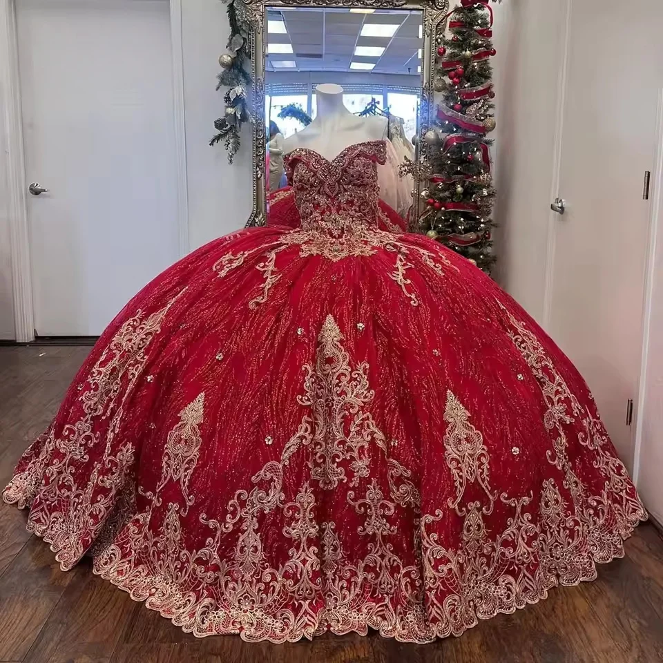 Charro vermelho quinceanera vestidos de baile querida frisado apliques brilhante mexicano doce 16 vestidos 15 anos personalizado