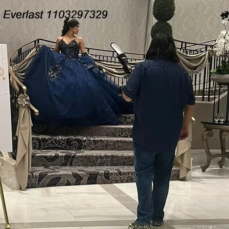 Evlast Marineblauwe Quinceanera Jurk Baljurk Kant Applique Kralen Kristallen Corset Mexico Sweet 16 Vestidos De Xv 15 Anos Tqd647