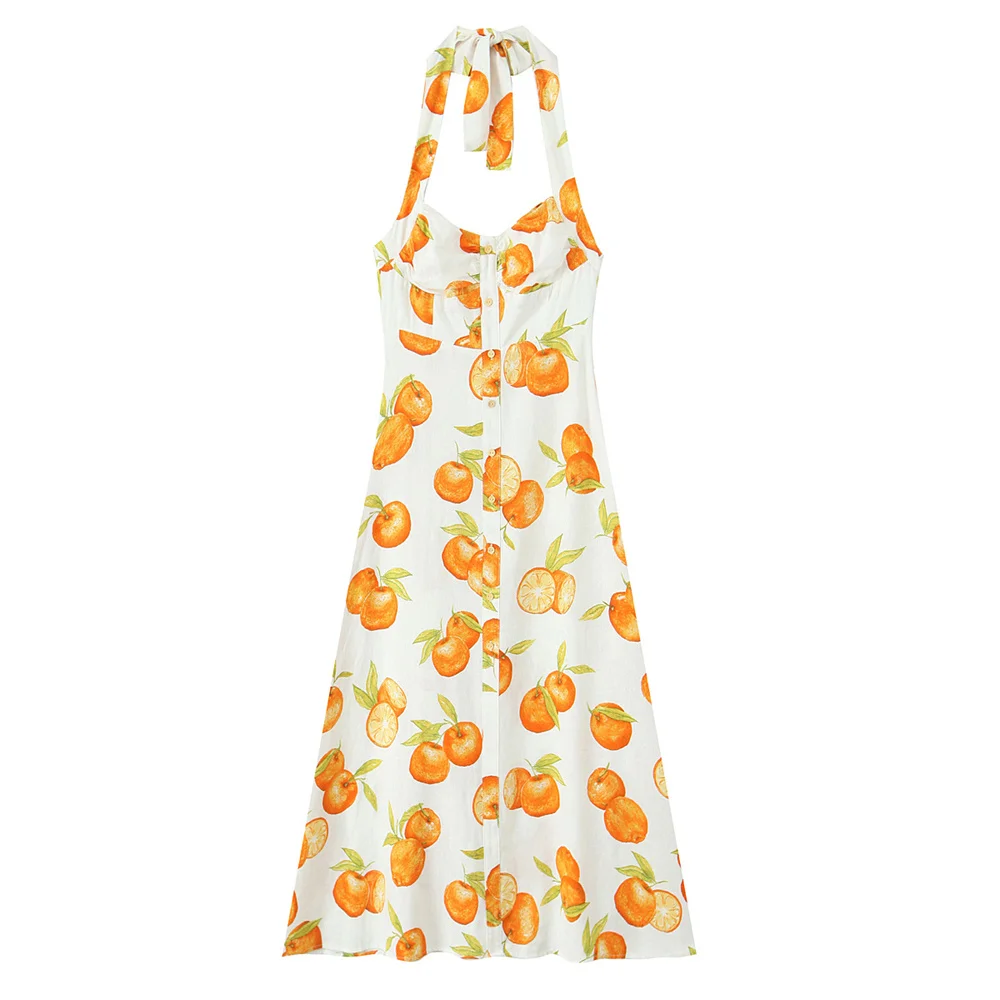 

Teen Girls Dress 2025 New Fashion Summer Linen Print Backless Midi Dresses for Girl Elegant Chic Girl Dress