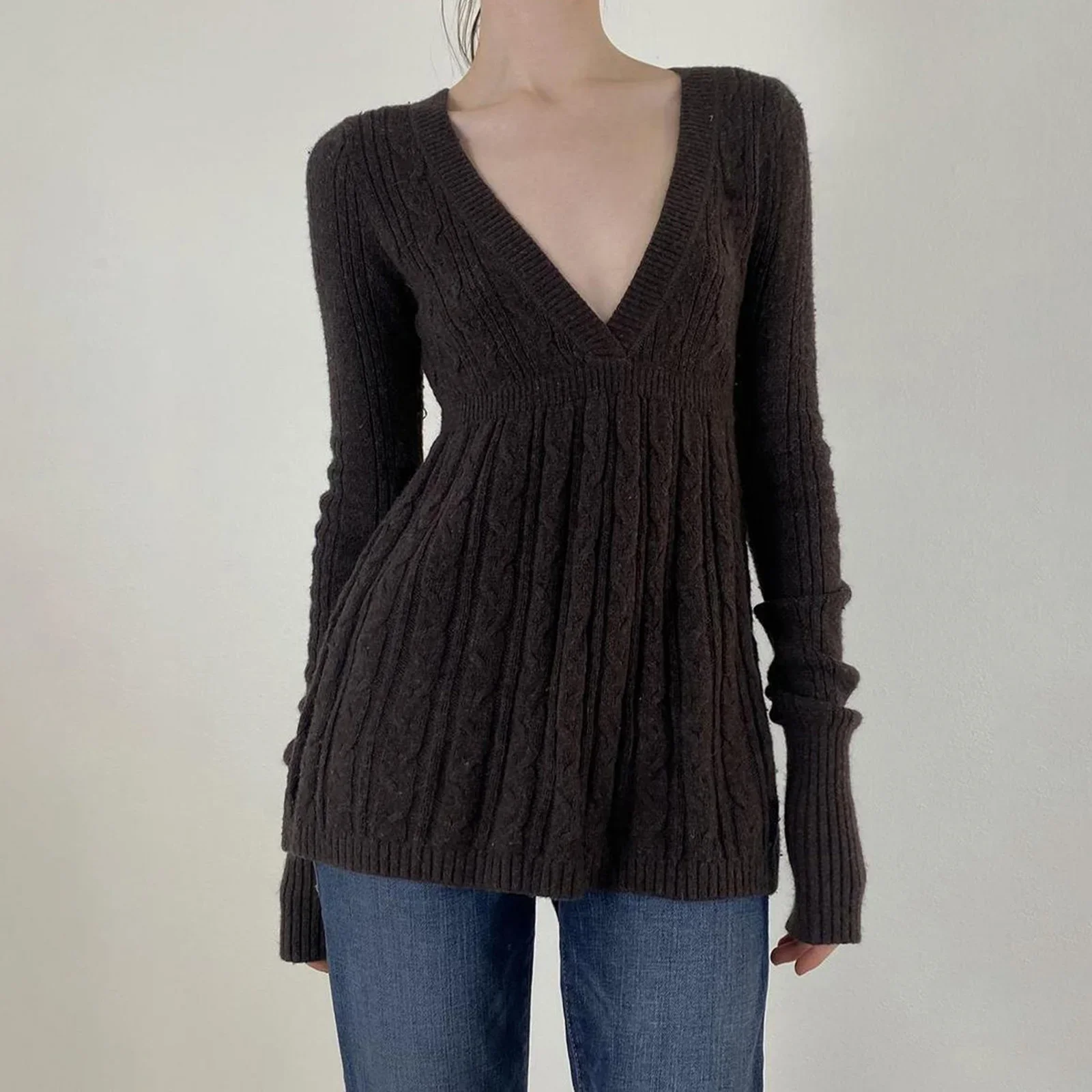 

Y2K Cable Knit Sweater Women Soft V-Neck Pullover Tunic Solid A-Line Hem Long Sweater Stretchy Casual for Autumn Winter