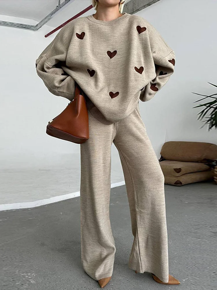 Love Heart Knitted Sweater Wide Legs Pants Women Casual Loose O-neck Pullover Suits With High Waist Pant Lady Autumn Chic Outfit