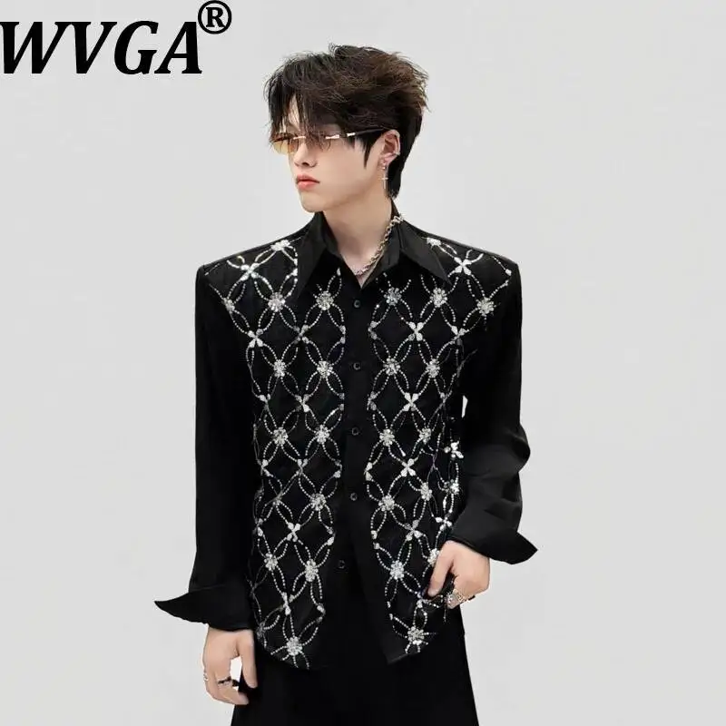 WVGA Spring Autumn New Men High-End Sequin Embroidery Shirt Lace Patchwork Design Loose Shoulder Pads Niche Chic Tops Ins W24425
