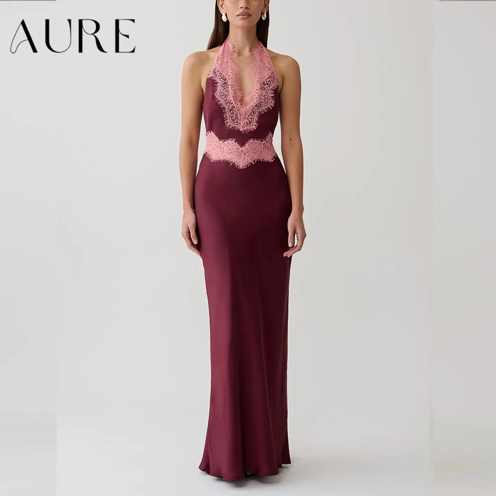 Aure Cus Halter Deep V Neck Evening Dress Mermaid Satin Women Lace Patchwork Backless Maxi Formal Party Prom Guest Gowns