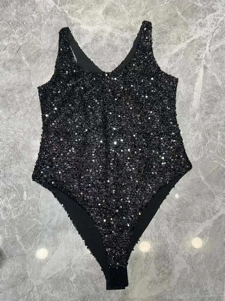 Spring 2025 women's new retro beaded sequin sequined back beaded sexy jumpsuit Fashion matching velvet stretch bodysuit