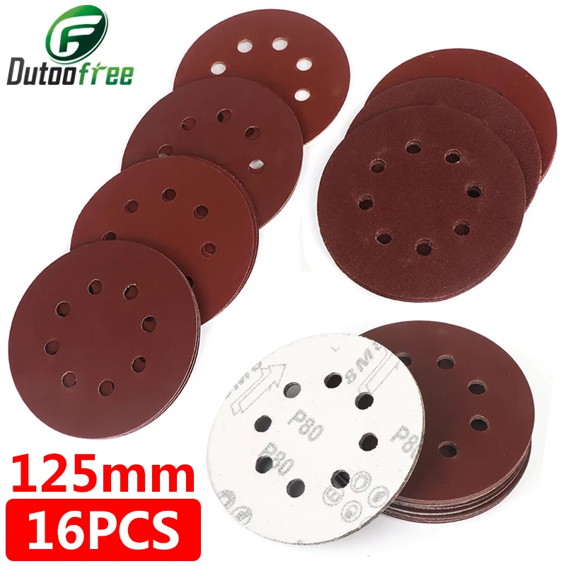 16PCS 5 Inch 125mm Round Sandpaper 8 Hole Sanding Discs Hook And Loop Grit 40-800 Orbital Sander Pad For Polishing Wood Metal